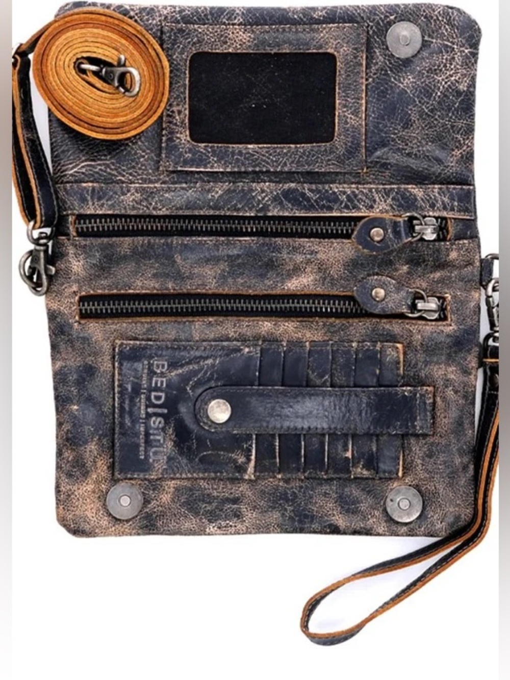 Bed Stu Distressed Gen Leather Bayshore Perforated Crossbody/Clutch RARE Grey - Picture 10 of 13